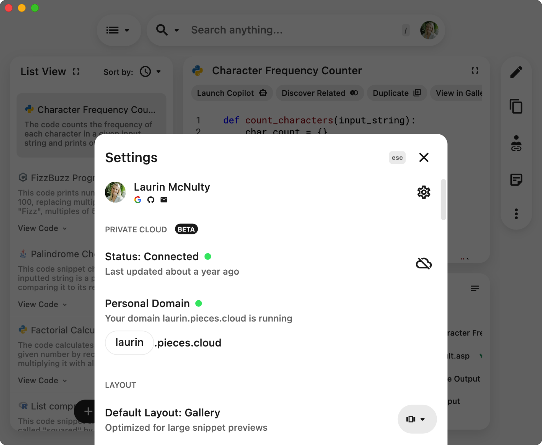 User Settings drawer inside of Pieces for Developers Desktop App